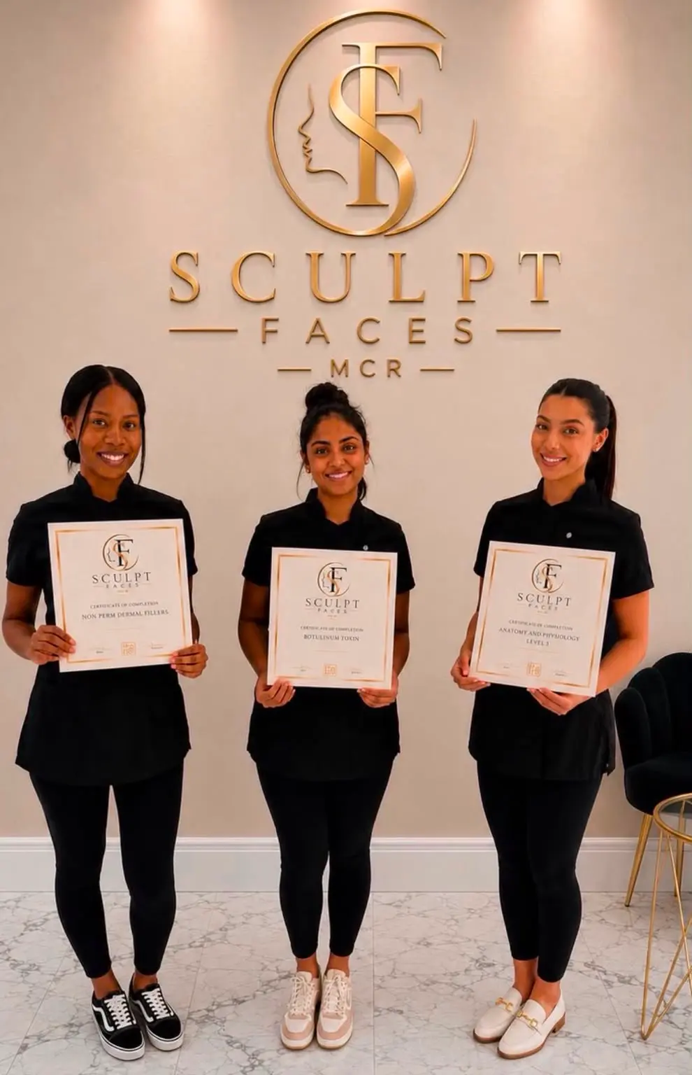 Sculpt Faces Academy graduates holding their training certificates